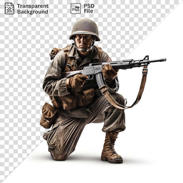 psd realistic photographic soldiers rifle and helmet dressed in brown boots and pants with a black and brown strap visible in the foreground