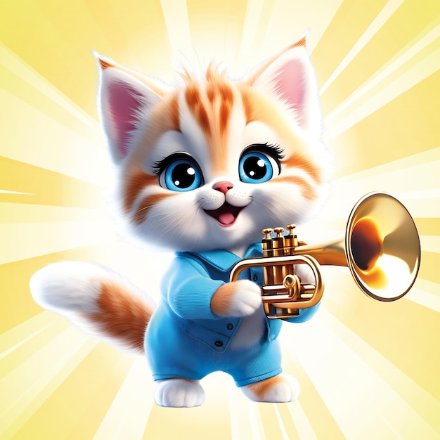 PSD Red fluffy cute kitten plays music on a jazz trumpet