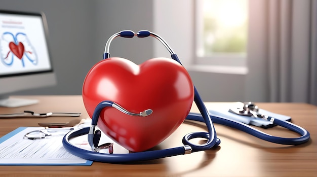 PSD Red heart love shape and doctor physicians stethoscope on table background