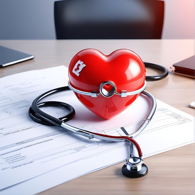 PSD Red heart love shape and doctor physicians stethoscope on table background