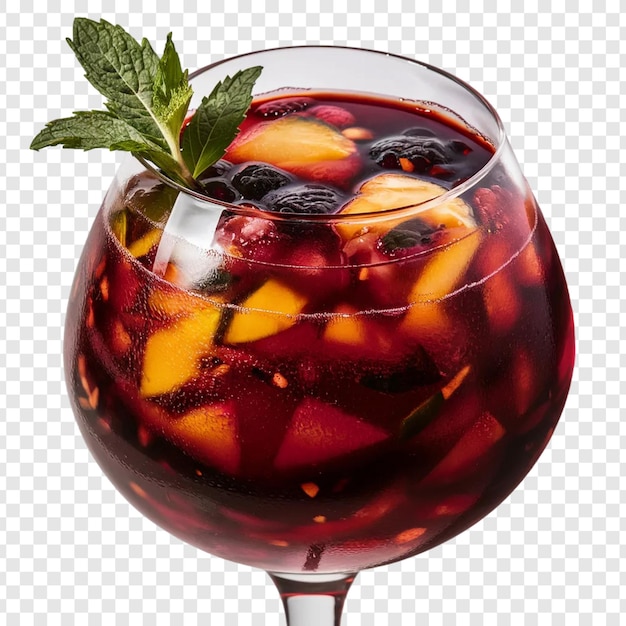 PSD psd red sangria cocktail glass with mint leaf on transparent background