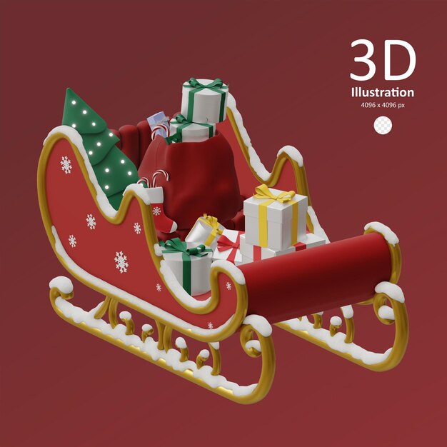 PSD red winter sleigh full of christmas gifts 3d rendered icon isolated