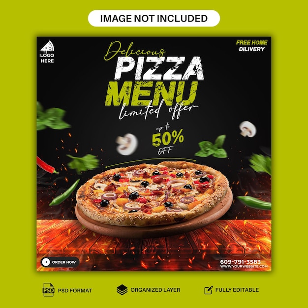 PSD restaurant menu and delicious pizza social media banner template