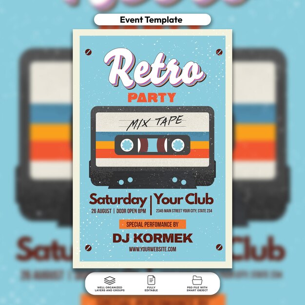 PSD retro party invitation flyer and social media post template