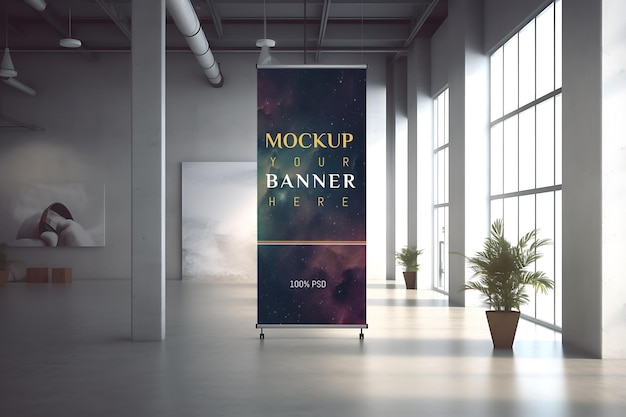 PSD rollup standing banner mockup in exhibition hall mockup