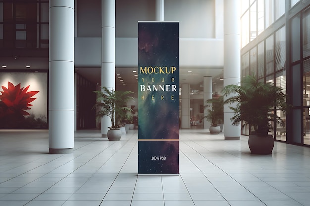 PSD rollup standing banner mockup in exhibition hall mockup