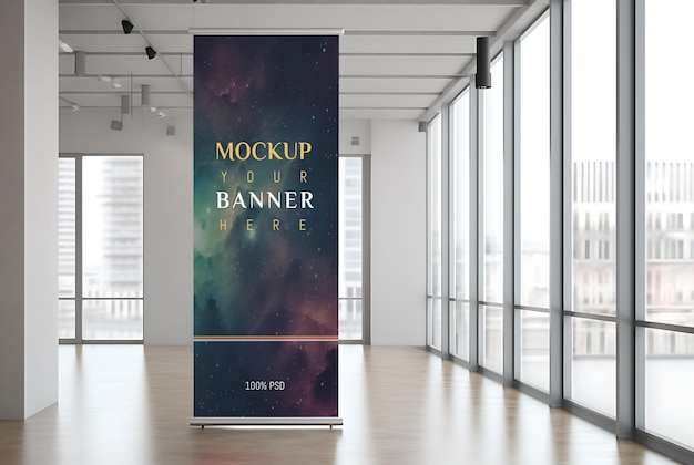 PSD rollup standing banner mockup in exhibition hall mockup