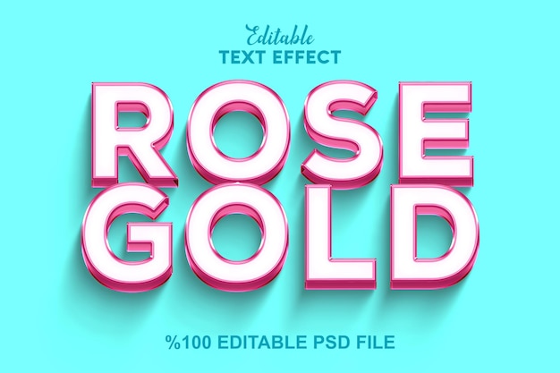 A PSD 'Rose Gold' text effect made on a blue background fully customizable and editable its text font and colors