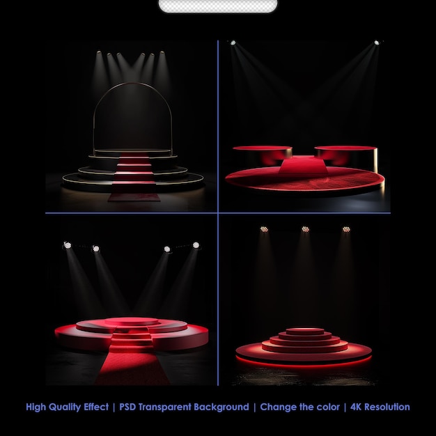 PSD psd round podiums with red carpet pedestals with spotlights black background