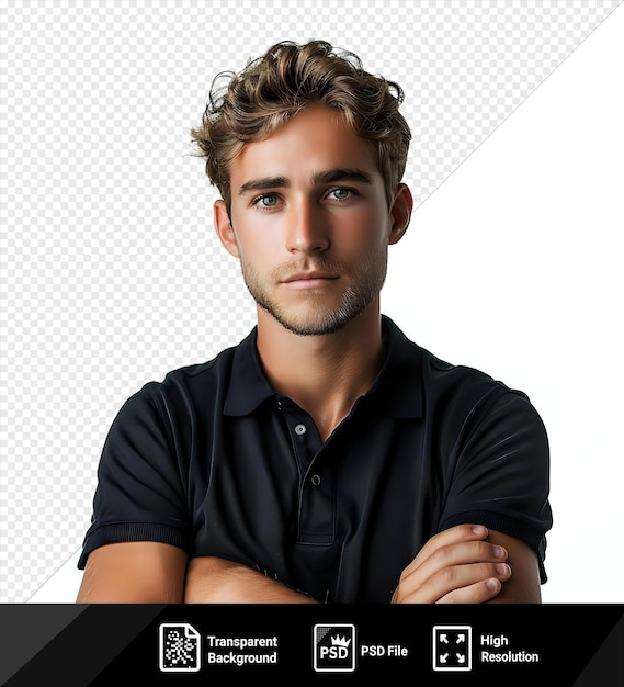 psd serious young man in polo tshirt with crossed arms over transparent background