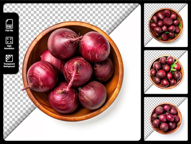 PSD Set beet in a wooden bowl isolated on transparent background