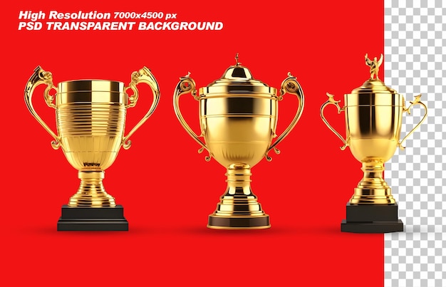 PSD set golden trophy cups sitting side by side 3d png on isolated transparent background