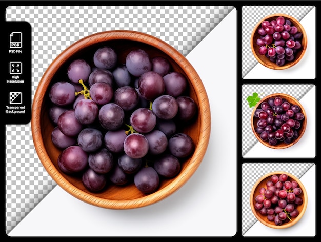 PSD Set of grape in a wooden bowl isolated on transparent background