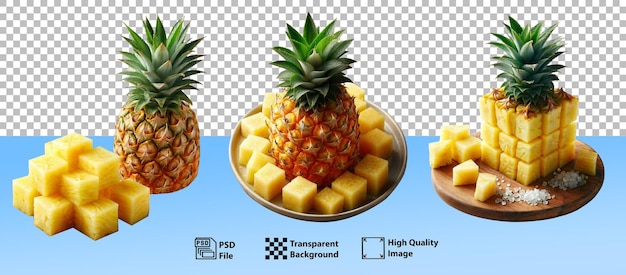 PSD psd set of pineapples pineapples cut into circles or cubes pieces of pineapplegenerative ai