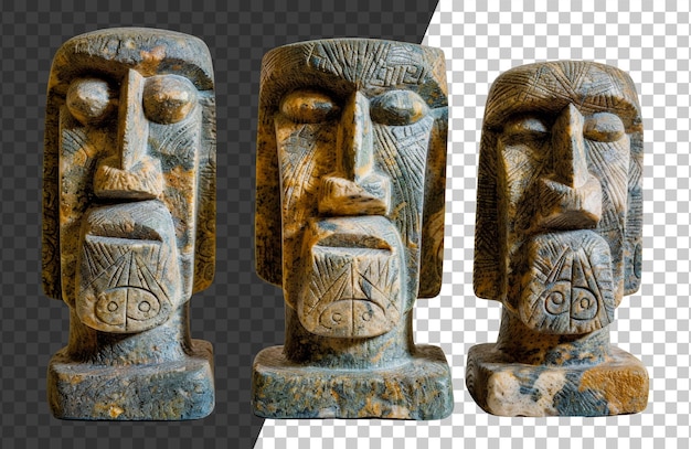 PSD psd set of three ancient tribal stone idols with detailed carvings cut out stock png