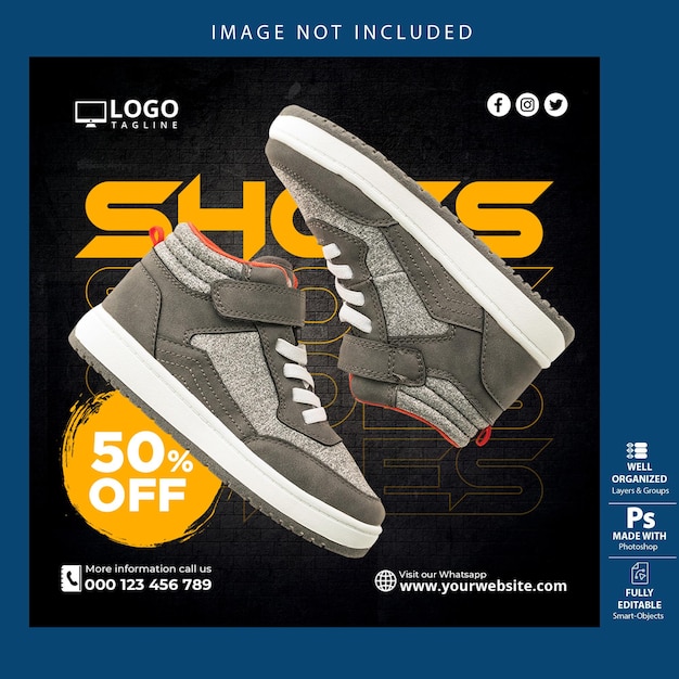 PSD shoes sale for social media feed post template design yellow