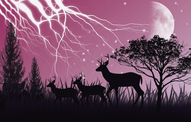 PSD psd silhouette of tree deers and a tree with a purple background