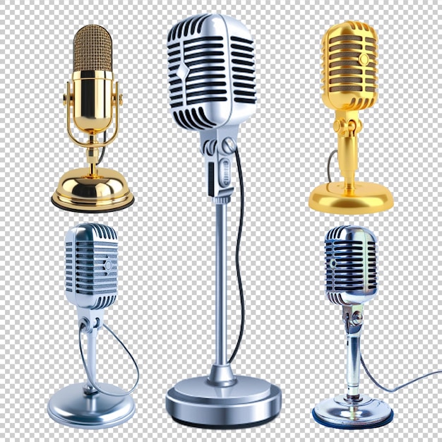 PSD silver and golden color dynamic microphone set with cable isolated transparent background