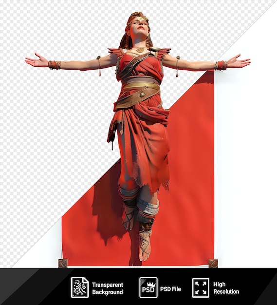 psd skadi norse goddess statue with extended arms and legs adorned with a gold belt stands in front of a red background