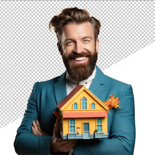 PSD psd smiling adult showing a wooden house isolated on transparent background