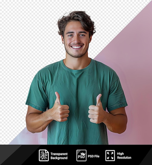 psd smiling showing thumbs up young handsome guy wearing green t shirt showing thumbs up in front of a pink wall png