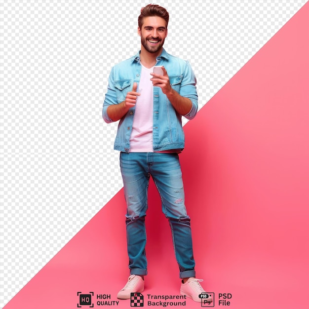 psd smiling young handsome man looking camera talking phone pointing up on pink background