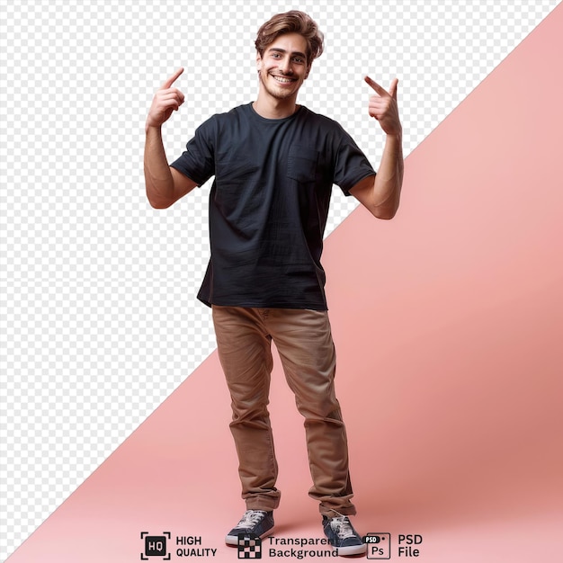 psd smiling young handsome man pointing himself with hands while looking camera wearing a black shirt and brown pants with brown hair and a raised hand in the foreground against a pink wall