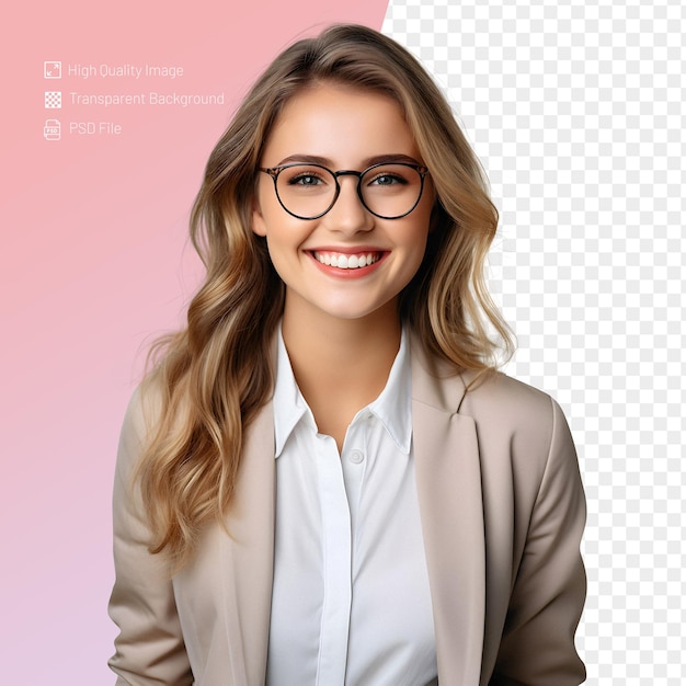 PSD smiling young office worker woman isolated