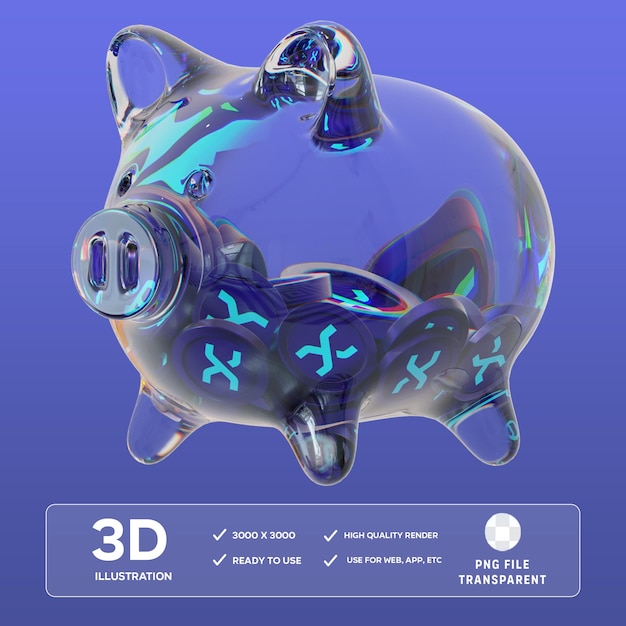 PSD snx clear glass piggy bank with decreasing piles of crypto coins 3D Illustration