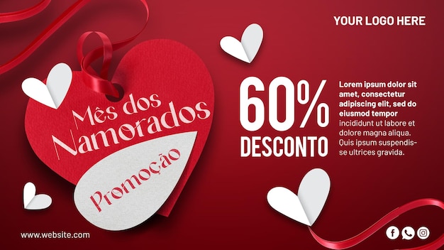 PSD Social Media Template Valentine's Month Promotion with Up to 60 Off in Red Background