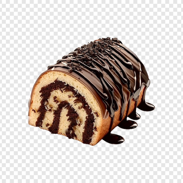 PSD sponge chocolate roll cake with a slice isolated on transparent background