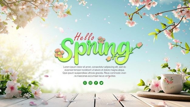 PSD Spring sale banner template on spring table with blooming flowers beautiful nature