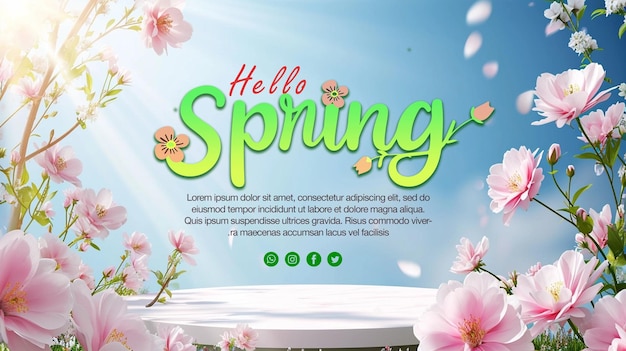 PSD Spring sale banner template on spring table with blooming flowers beautiful nature