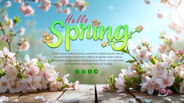 PSD Spring sale banner template on spring table with blooming flowers beautiful nature