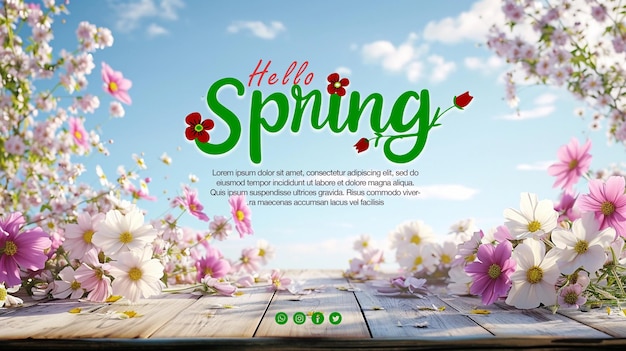 PSD Spring sale banner template on spring table with blooming flowers beautiful nature