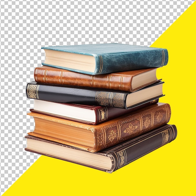 Psd stack of books with a yellow background that says the word With Transparent Background