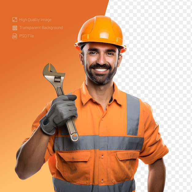 PSD Standing and holding wrench Factory male worker in uniform isolated