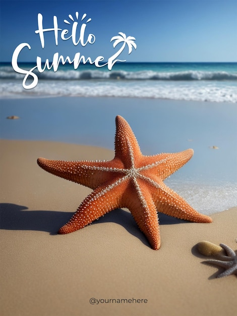 PSD a starfish on the beach with the words beach summer on the bottom