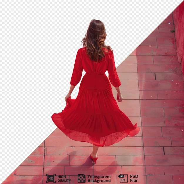 psd in the street red dress a woman with long brown hair walks past a red wall casting a dark shadow png