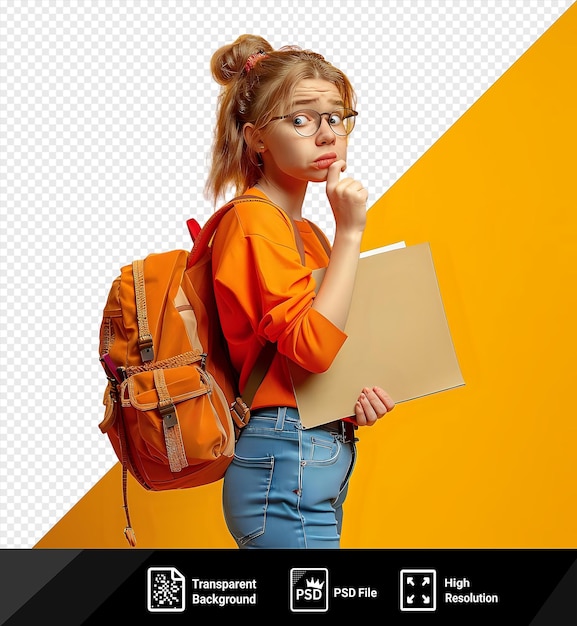 PSD psd student young woman casual clothes wearing glasses with backpack holding folder looking confused