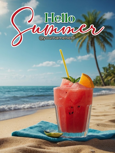 PSD summer poster template with realistic background for summer season