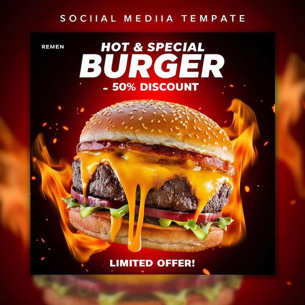 PSD super Delicious burger food menu and restaurant social media instagram post template