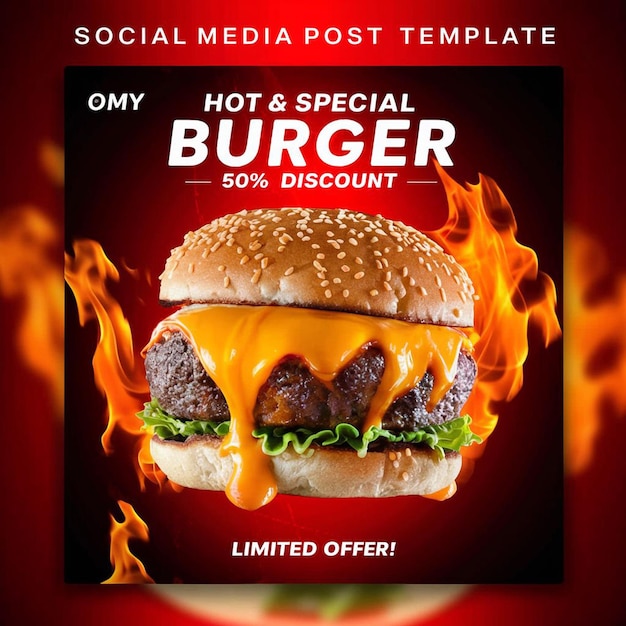 PSD super Delicious burger food menu and restaurant social media instagram post template