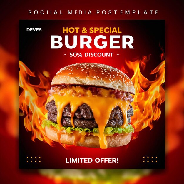 PSD super Delicious burger food menu and restaurant social media instagram post template