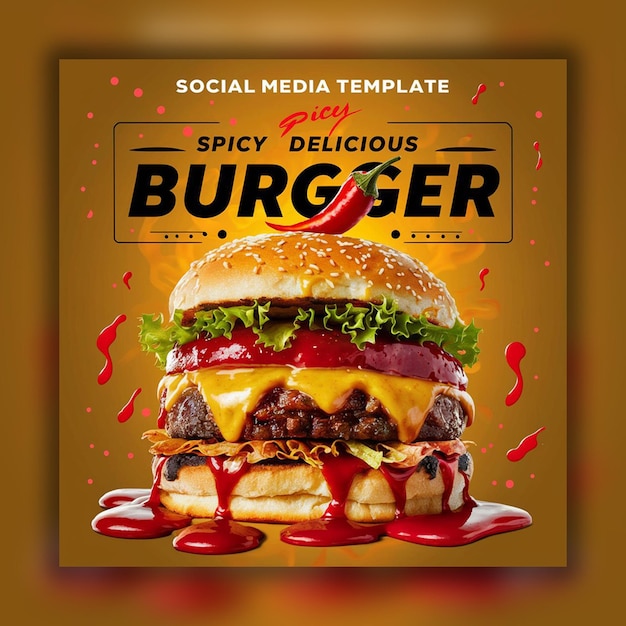 PSD super Delicious burger food menu and restaurant social media instagram post template