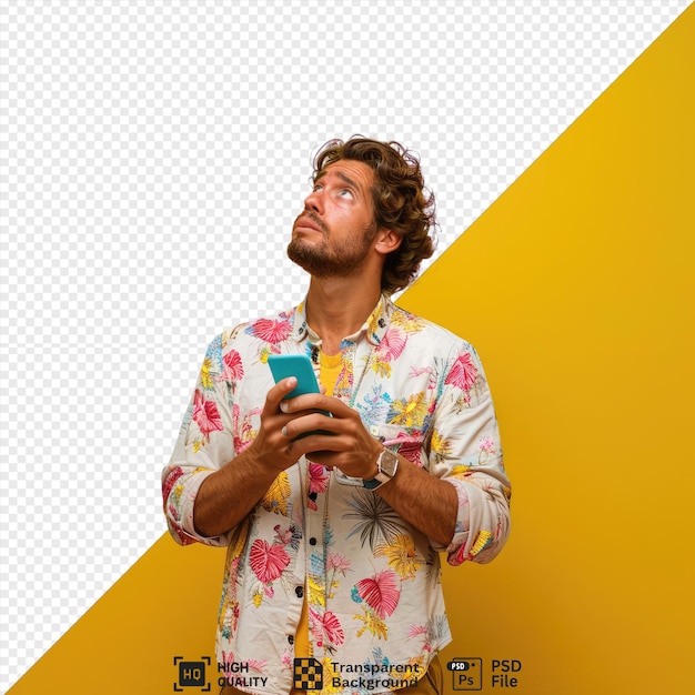 psd suspicious young handsome man holding and looking mobile phone while keeping hand chroma key png psd