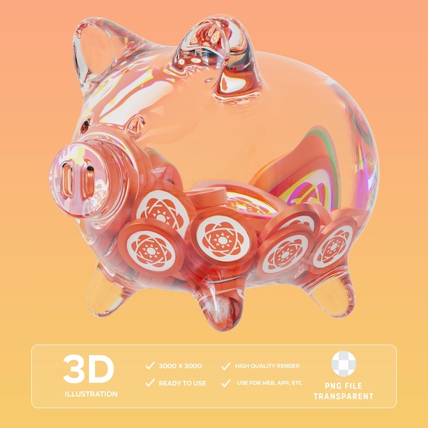 PSD psd sxp clear glass piggy bank with decreasing piles of crypto coins 3d illustration