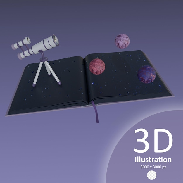 PSD telescope icon with planets isolated 3d render illustration