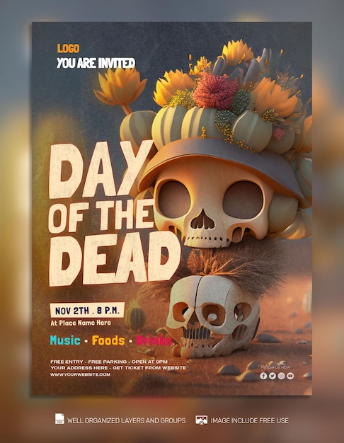 PSD TEMPLATE Day of the dead social media post Feed Flyer Banner