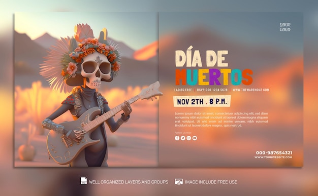 PSD TEMPLATE Day of the dead social media post Feed Flyer Banner